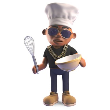 Bir çırpma teli, 3d illüstrasyon ile bir kase içinde bir pasta karıştırma şefler şapka Hungry siyah hip hop rapçi
