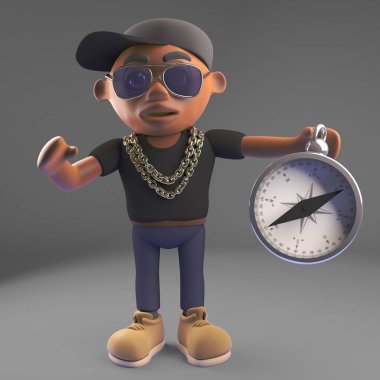 Karikatür siyah rap hiphop rap sanatçısı bir pusula, 3d illüstrasyon ile yolunu bulur