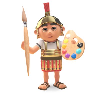 Paintbrush ve paleti ile karikatür Roma Centurion asker, 3D illüstrasyon