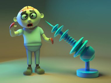 Korkmuş undead zombi canavar bir ışın tabancası, 3d illüstrasyon varil aşağı bakar