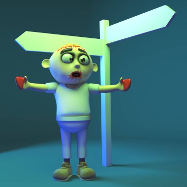 Kötü zombi canavar tabela boş olarak kaybolur, 3D illüstrasyon