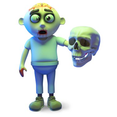 Bir insan kafatası tutan scarey undead zombi canavar, 3D illüstrasyon