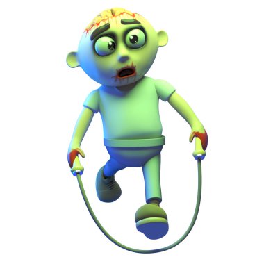 Bir halat ile atlama aptal karikatür undead zombi öğürer, 3D illüstrasyon