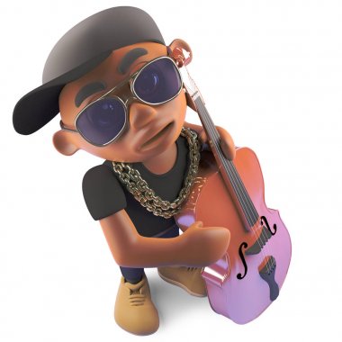 Jazz çift bas oynarken siyah rapçi hiphop sanatçısı, 3D illüstrasyon