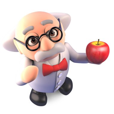 O bir organik elma, 3D illüstrasyon yiyor gibi sağlıklı yemek deli bilim adamı profesörü diyor