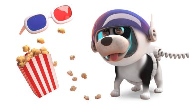 3D gözlük ve patlamış mısır ile Mars 'ta komik karikatür uzay köpeği, 3D illüstrasyon