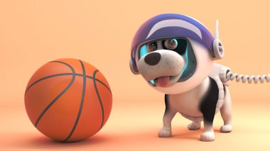 Uzay elbisesi cool köpek Mars araştırıyor ve basketbol keşfeder, 3d illüstrasyon