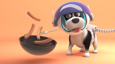 Mars'ta spacesuit Sevimli köpek barbekü barbekü barbekü, 3d illüstrasyon sosis pişirir