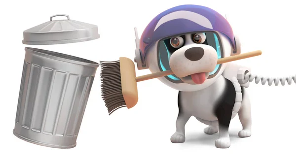 Cagnolino pulito in tuta spaziale pulisce con una scopa e bidone della spazzatura, illustrazione 3d — Foto Stock