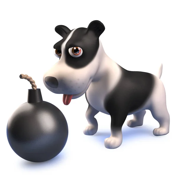 Cartoon 3d black and white puppy dog hound looking at a bomb — Stock Photo, Image