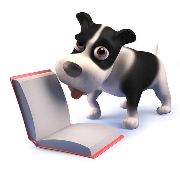 Desenhos animados bonitos cachorro preto e branco em 3d lendo um livro — Fotografia de Stock