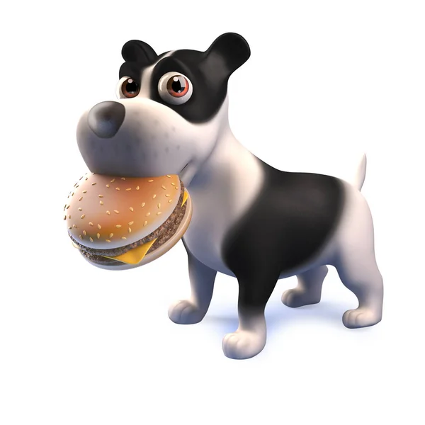 Cãozinho bonito personagem de desenho animado do cão preto e branco em 3d comer um hambúrguer de queijo — Fotografia de Stock