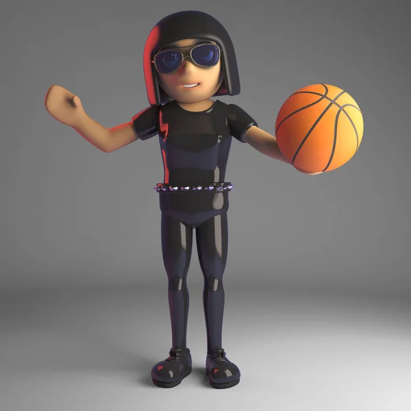 Menina gótica legal em látex jogando com uma bola de basquete, ilustração 3d — Fotografia de Stock
