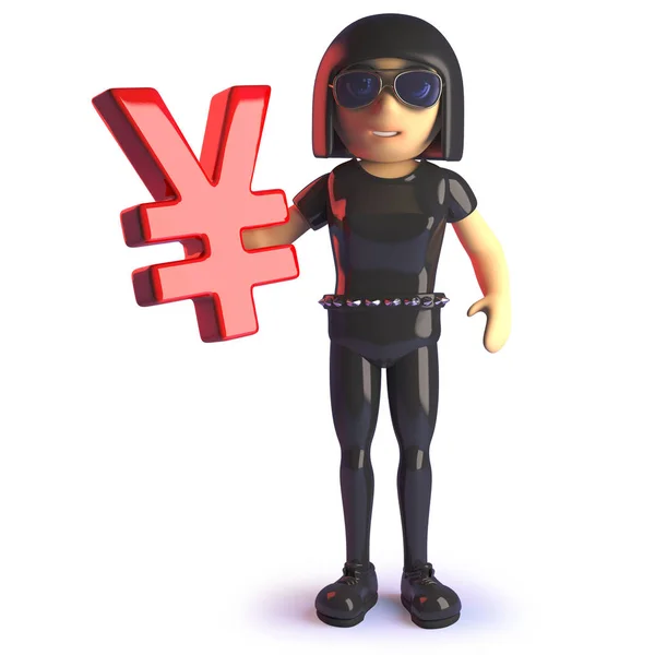 3D Cartoon Gothic Girl im Gummi-Catsuit mit einem Yen-Währungssymbol — Stockfoto