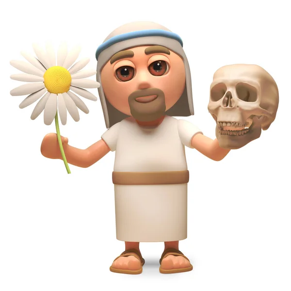Ježíš Kristus uvažuje o životě a smrti květinou a lebkou, 3D ilustrace — Stock fotografie