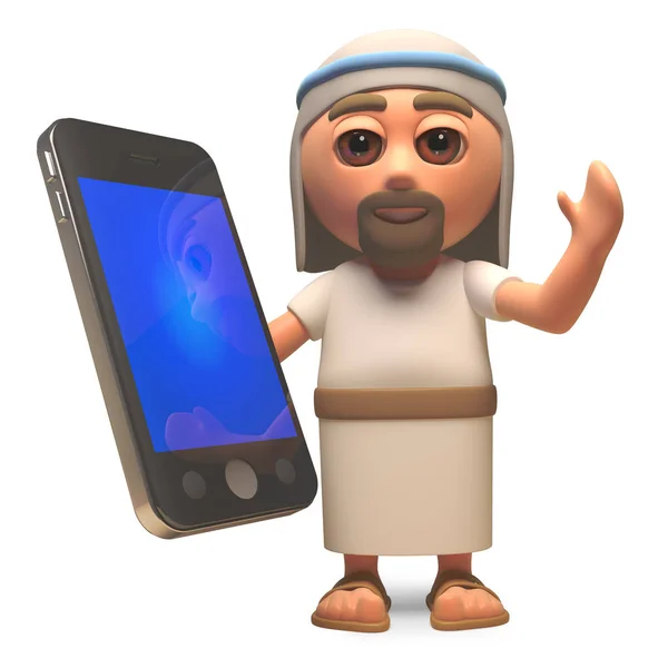 Conectado Jesucristo hijo de Dios usando un dispositivo de tableta de teléfono inteligente, ilustración 3d — Foto de Stock