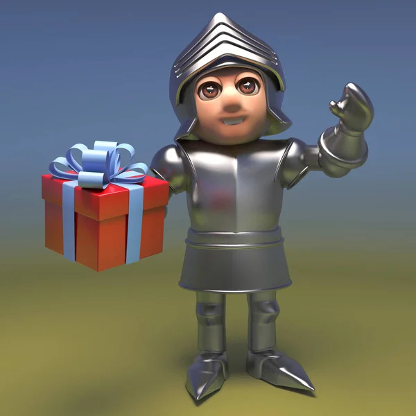 Heroico caballero medieval en armadura sosteniendo un regalo envuelto presente, ilustración 3d — Foto de Stock