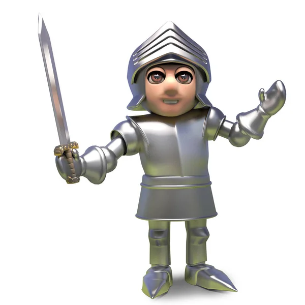 Cesur ortaçağ zırh kaplı şövalye onun güvenilir kılıç, 3d illüstrasyon wields — Stok fotoğraf