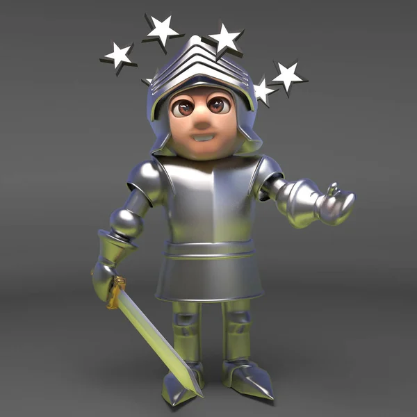 Dizzy medieval knight is confused by stars in his eyes, 3d illustration