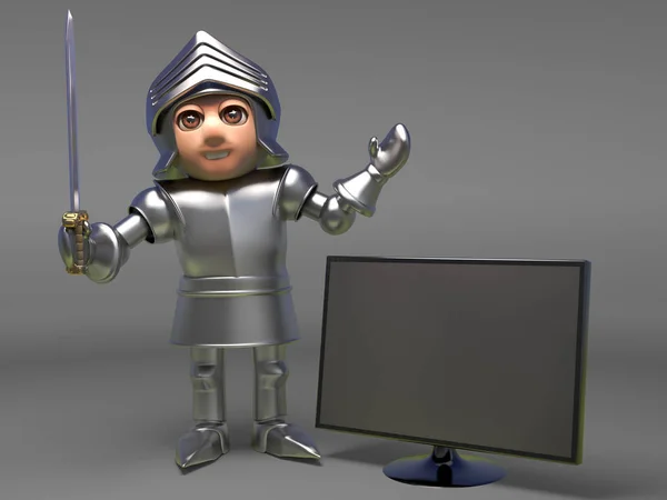 Cavaliere medievale in armatura prende delievery di un nuovo televisore widescreen, illustrazione 3d — Foto Stock