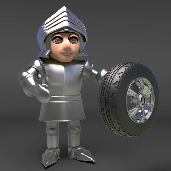 Confused medieval knight has a new wheel for his cart, 3d illustration