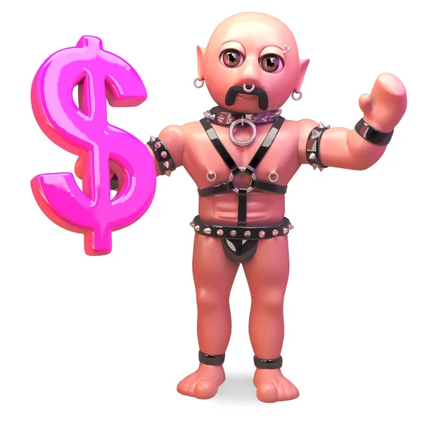 同性恋奴役恋物癖男子拿着粉红色的美元货币符号,3D插图 — 图库照片