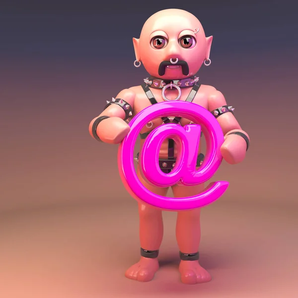 穿刺同性恋皮革恋物癖男子拿着一个粉红色的电子邮件地址符号,3D插图 — 图库照片
