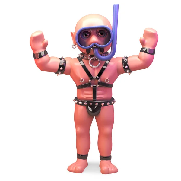 秃头同性恋男子在奴役恋物癖服装穿着浮潜潜水面具,3D插图 — 图库照片