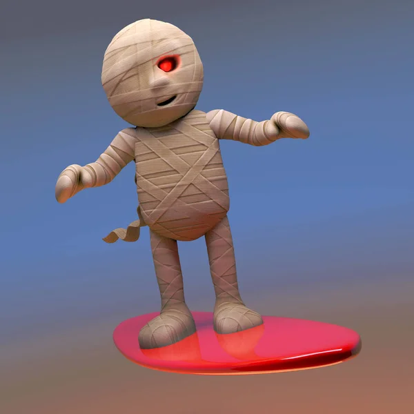 Sporty Egyptian mummy monster learns how to surf, 3d illustration