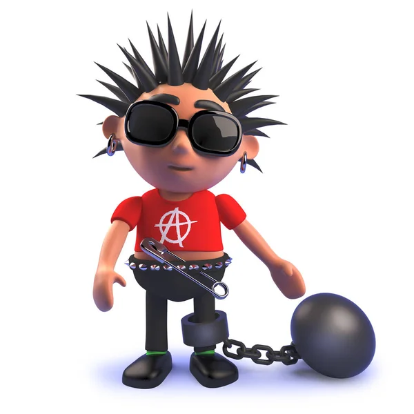 3D Cartoon Punk Rocker Kind trägt einen Ball und Kette — Stockfoto