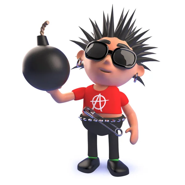 Cartoon punk rocker charakter w 3D trzyma bombę — Zdjęcie stockowe