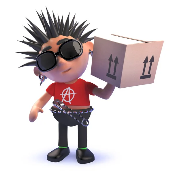 Cartoon vicious punk rocker character in 3d delivering a cardboard box — Zdjęcie stockowe