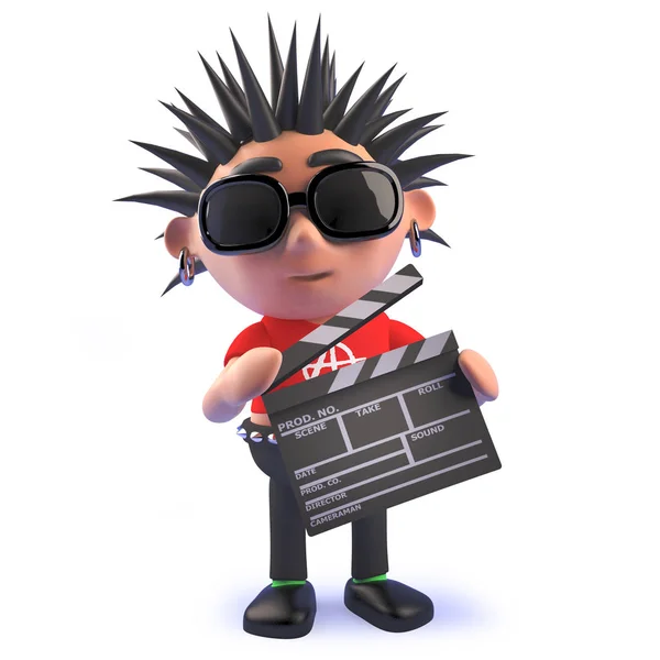 3D punk rock cartoon karakter houden een film leisteen — Stockfoto
