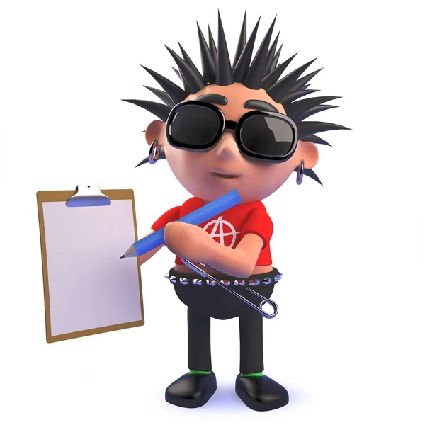 Punk rock personagem de desenho animado 3d segurando uma área de transferência e lápis — Fotografia de Stock