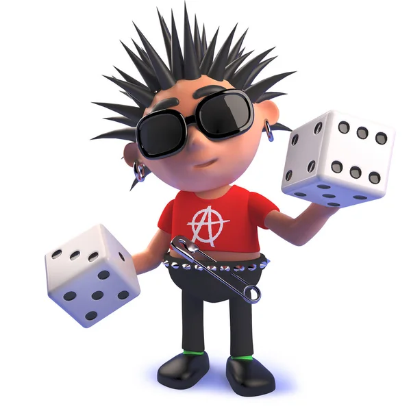 Cartoon 3d vicious punk rocker holding a pair of dice — Stok Foto