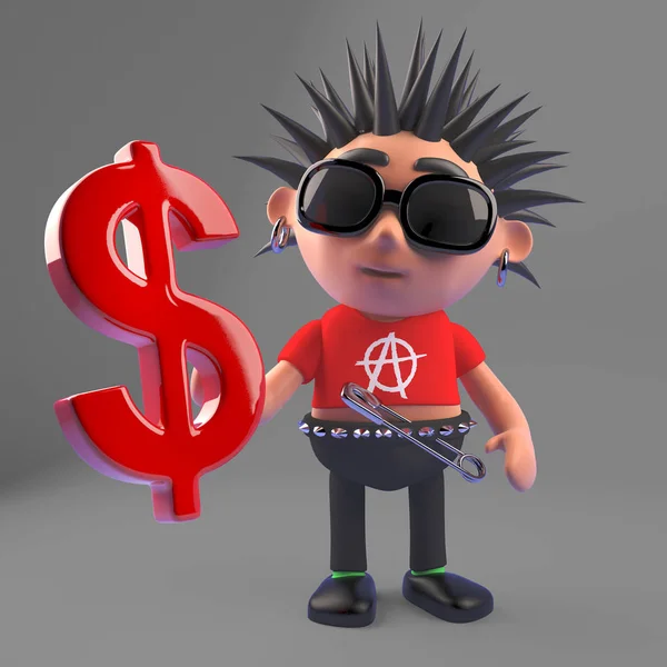 Cool cartoon punk rock character holding a US Dollar currency symbol, 3d illustration