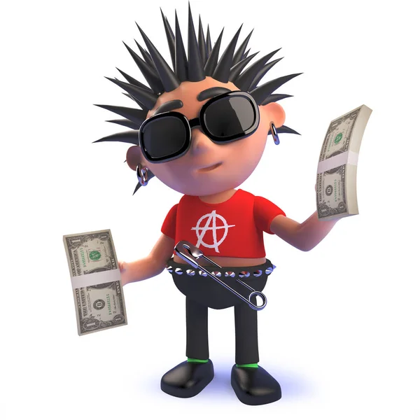 Rich punk rock cartoon character in 3d holding wads of US dollar bills — Stock Photo, Image