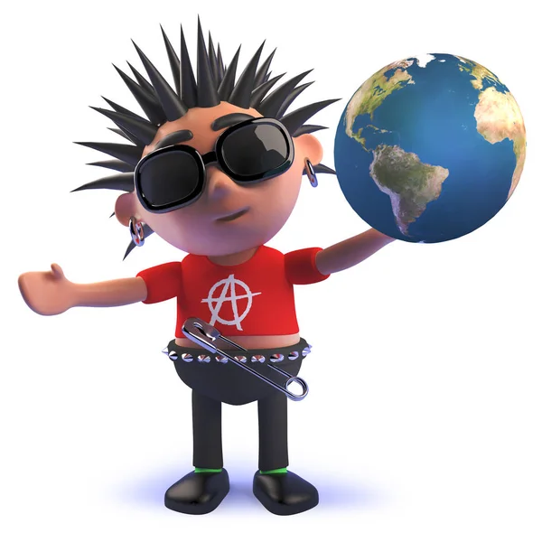 Vicious punk rock cartoon character in 3d holding a globe of the Earth