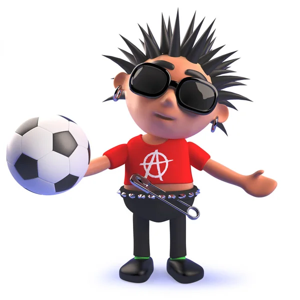 3D мультфильм порочный панк-рок персонаж держа футбольный мяч — стоковое фото