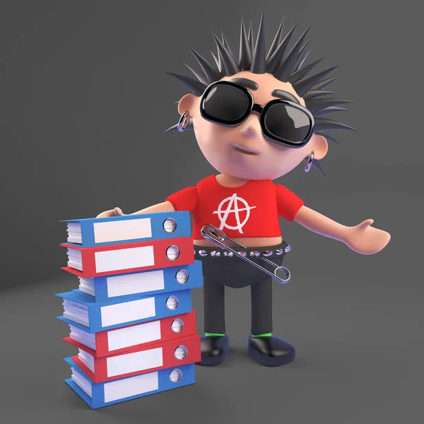 Cartoon punk rocker with a pile of files and folders, 3d illustration