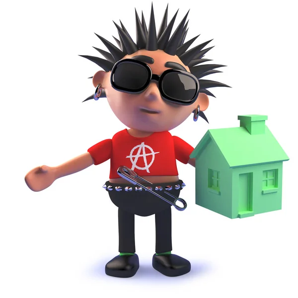 Punk rock cartoon character in 3d holding a green renewable energy house — Stock Photo, Image