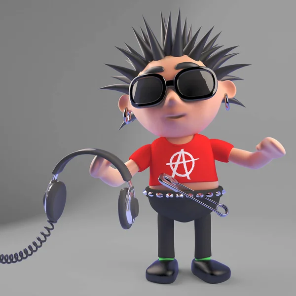 Dibujos animados punk rocker celebración par de auriculares, 3d ilustración — Foto de Stock