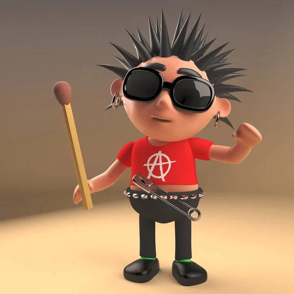 Crazy punk rocker cartoon character holding an unlit match, 3d illustration — Stock Photo, Image