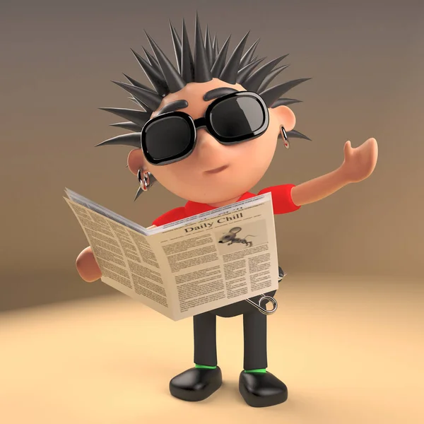 有趣的朋克摇滚卡通人物阅读报纸，3D插图 — 图库照片