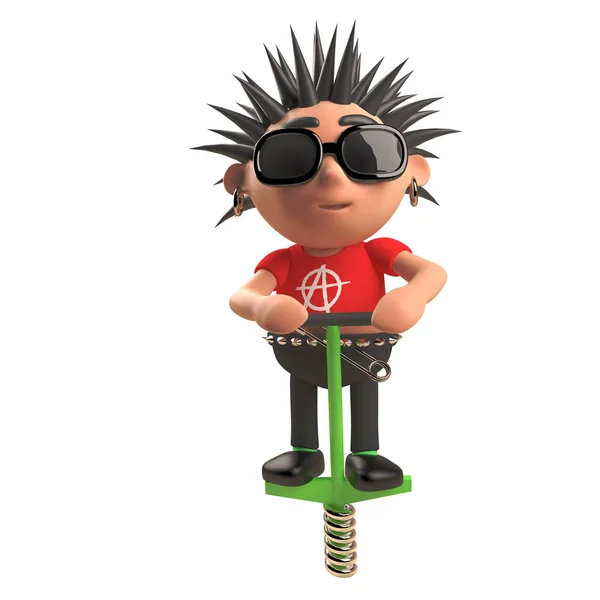 Bouncing punk rocker przenosi się na kij Pogo, ilustracja 3D — Zdjęcie stockowe