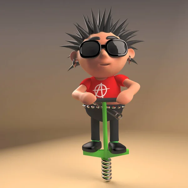 Funny punk rock cartoon character doing the pogo on his pogo stick, 3d illustration — Stock Photo, Image