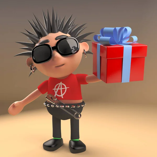 Generous punk rock cartoon character with a gift wrapped present, 3d illustration