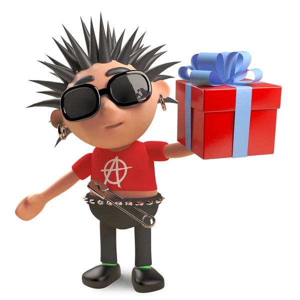 Generous punk rocker hands out gifts and presents, 3d illustration — Stock Photo, Image