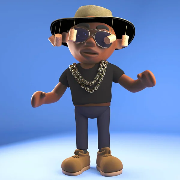 Cool zwarte hiphop rapper dragen Australische Bush hoed, 3D-illustratie — Stockfoto
