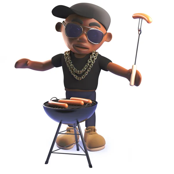 Desenhos animados 3d Africano americano hiphop rapper cozinhar um churrasco — Fotografia de Stock